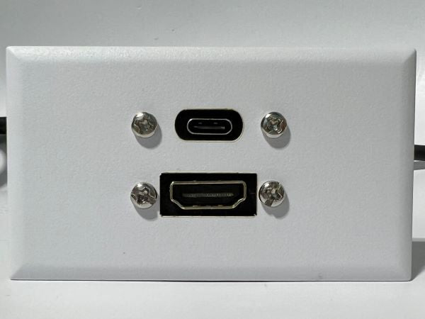 Telecom Plate with USB C 3.2 3ft Cable and HDMI 6ft Cable  - Installed - Front View - White