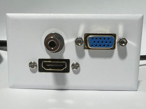 Telecom Plate with VGA cable, Mini Stereo, and HDMI cable - Installed - Front View - White