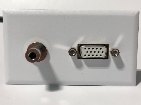Telecom Plate with 3' HD VGA M/F Cable and 3.5mm Mini Stereo - Installed - Front View - White