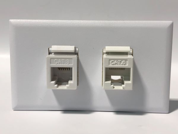 Telecom Plate with 1 RJ45 Punch Down Connector and 1 RJ11 Punch Down Connector - Front View - Installed - White