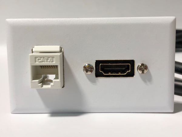 Telecom Data Plate with RJ45 CAT6 Punch Down Connector and 6' HDMI Panel Mount Cable - Installed - Front View - White