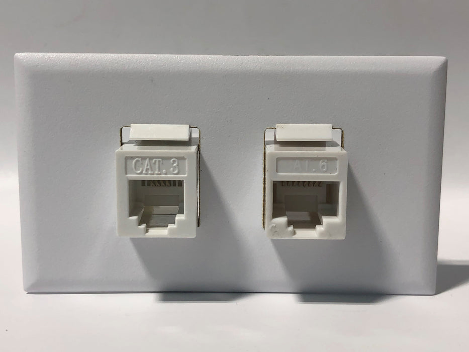 Telecom Plate with 1 RJ45 Inline Connector and 1 RJ11 Inline Connector - Installed - Front View - White