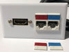 Telecom Data Plate with 2 Siemon RJ45 Punch Down Connectors and 6' 1.4 HDMI Cable - Installed - Front View - White