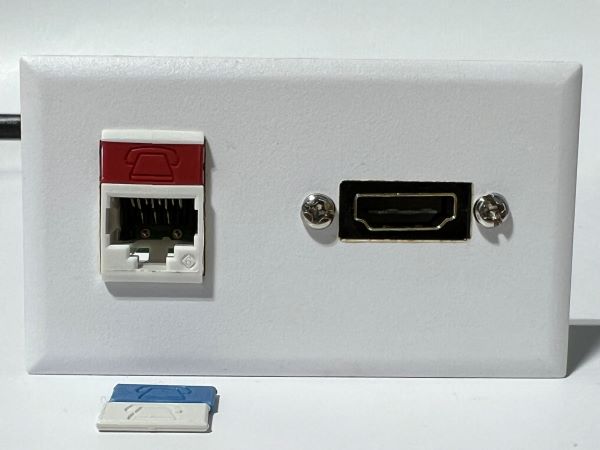 Telecom Data Plate with a Siemon RJ45 Punch Down Connector and 6' 1.4 HDMI Cable - Installed - Front View - White