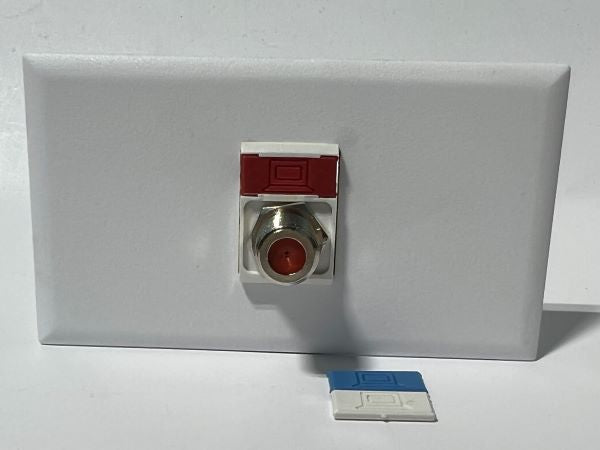 Telecom Plate with single Siemon™ Flat MAX® F-Type Coaxial Connector - Installed - Front View - White. Shown with additional color icons