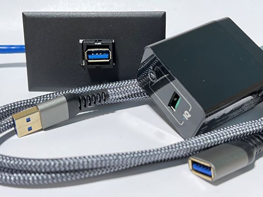 Black Telecom Data Plate with Keystone USB A connector installed - Braided USB Male to Female Cable - USB A Charger