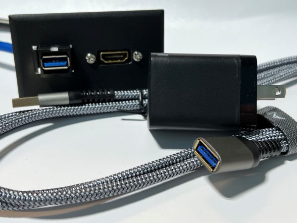 Telecom Data Plate with USB A 3.0 Keystone Cable and HDMI Cable installed - Braided USD A Male to Female Cable - USB A Charger